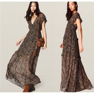ba&sh Samantha Ruffled Leaf Print Maxi Dress Black Gold Flutter Sleeve Small